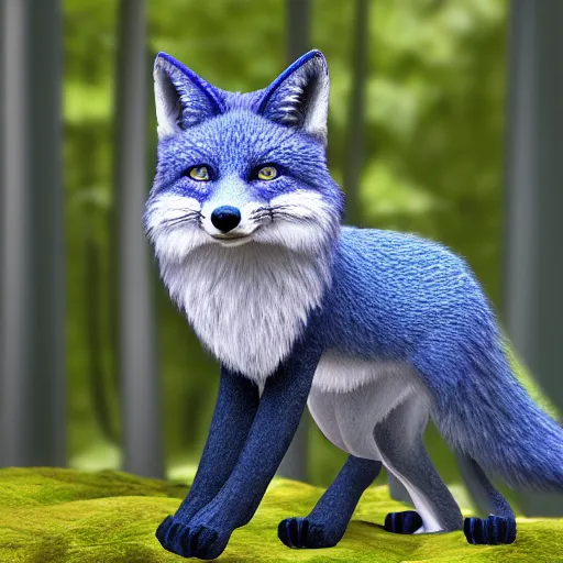 Image similar to A blue Fox in a lush forest, 8k, raytracing, hyper realistic, high detail,