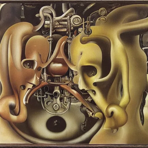 Image similar to Oil painting by Dali. Two mechanical gods with animal faces having a conversation. Oil painting by Hans Bellmer.