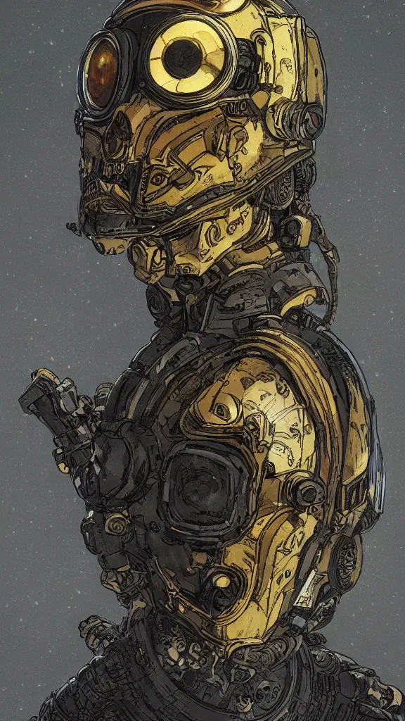 Prompt: portrait of a dead cyberpunk space pirate in concept armor with golden cyborg skull in a futuristic prototype oxygen intake helmet by Abigail Larson + Alan Lee + Audrey Kawasaki + Giovanni-Piranesi + Winsor-McCay + Howard-Pyle, headshot, 8k vhs glitch, cinematic, sharp focus, smooth, sense of awe