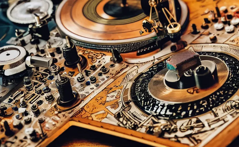 Prompt: a turntablist dj scratching on a retro steampunk clockwork mixing board and record player, intricate carved wood, planetary gears, complex contraption, person wearing old school headphones and visor, cinematix, imax, sharp focus, hyper detail