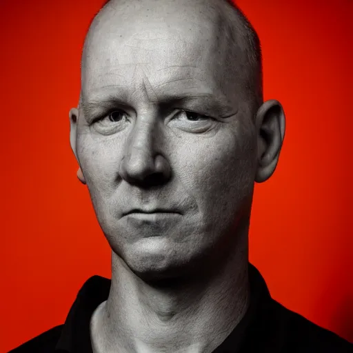 Image similar to award-winning portrait photo of Adrian Kuipers, black background, dramatic lighting