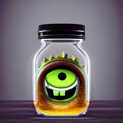 Image similar to Evil monster in a jar, product photography, centered, studio lightning