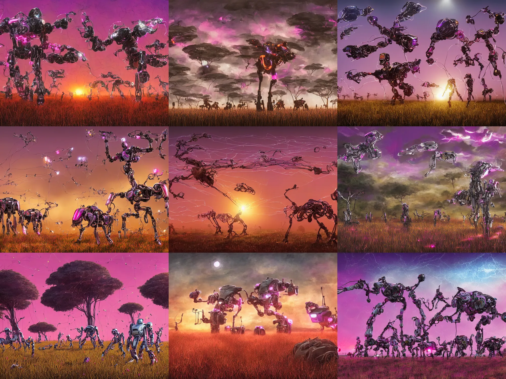 Prompt: pink, orange, purple, shields, flashes, white metal and black plastic robot wildlife, wires and lights, herds fighting, african plains, long grass, futuristic robot organisms, digital matt painting, fantasy art, another world, acacia trees, dramatic lighting, cinematic, anamorphic, golden hour