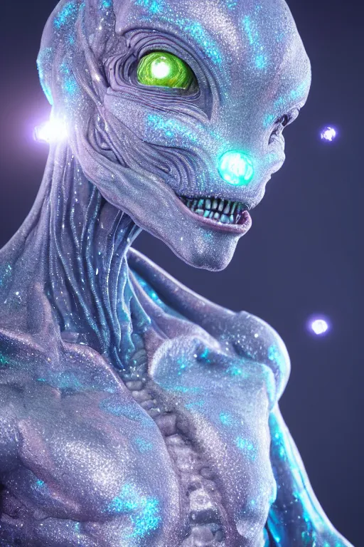 Image similar to skin concept alien, in full growth, mineral crystals instead of skin, magical crystals, smoky crystals, translucent crystals, luminous sparkling crystals, many details, 3 d, cinematic, hyper realism, high detail, octane render