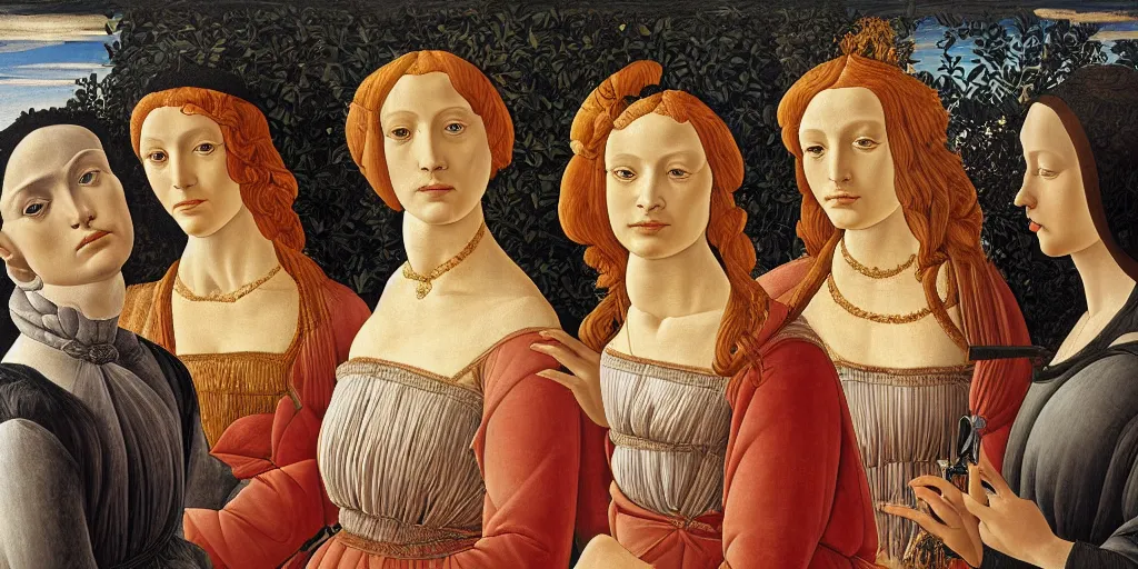 Image similar to a painting of a woman and two other women, a surrealist painting by sandro botticelli, polycount, renaissance, da vinci, pre - raphaelite, fresco