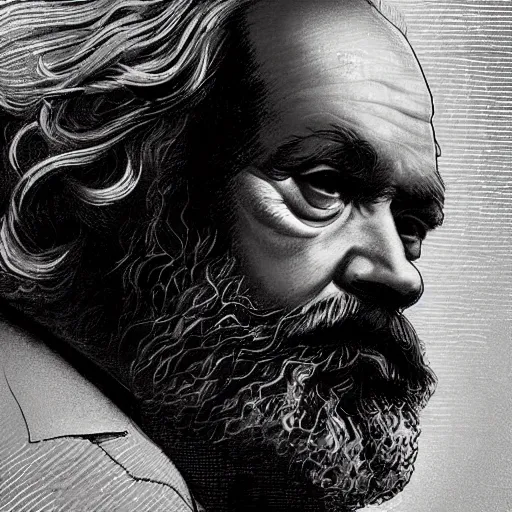 Image similar to portrait of Karl Marx pondering his orb, highly detailed, digital painting, artstation, concept art, smooth, sharp focus, illustration, art by magalie villeneuve and alan lee and artgerm and greg rutkowski and alphonse mucha