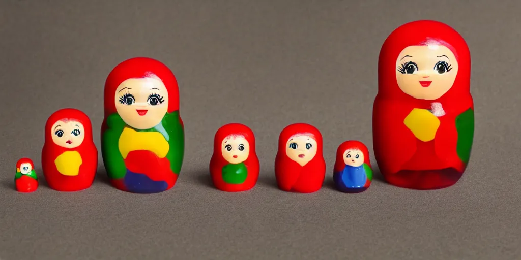 Prompt: gummy bear matryoshka doll each size a different colour, hyper real, maxwell render