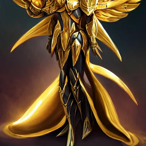 Prompt: cinematic, hyperdetailed elegant beautiful stunning league of legends azir armor fanart gold armored bird wings regal gold sunray shaped crown, warframe, destiny, octane