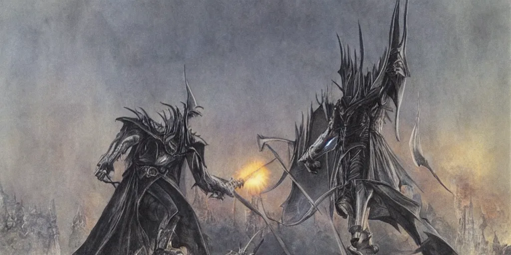 Image similar to illustration of Sauron fighting Saruman, the lord of the rings, by Alan Lee