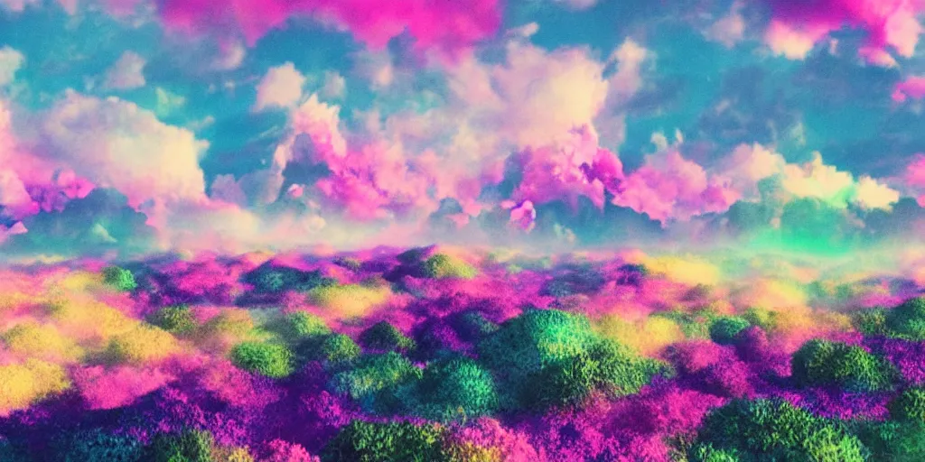 Image similar to a hyper - real psychedelic planet fill with pink clouds, blue hills and purple forests