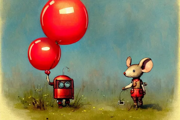 Image similar to adventurer ( ( ( ( ( 1 9 5 0 s retro future robot android mouse holding a red balloon. muted colors. swamp mushrooms island, lillie pads ) ) ) ) ) by jean baptiste monge!!!!!!!!!!!!!!!!!!!!!!!!! chrome red