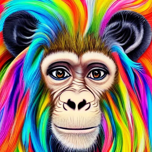 Prompt: portrait of a cute fluffy baby monkey with giraffe spots and long colorful flowing lion mane with mohawk hairstyle hybrid animal detailed painting 4 k