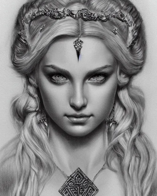 Prompt: pencil drawing of beautiful greek goddess aphrodite with arrowhead jewelry, beautiful piercing eyes, beautiful blonde hair, hyper realistic face, in the style of greg rutkowski, fantasy, amazing detail, epic, elegant, smooth, sharp focus, from the front