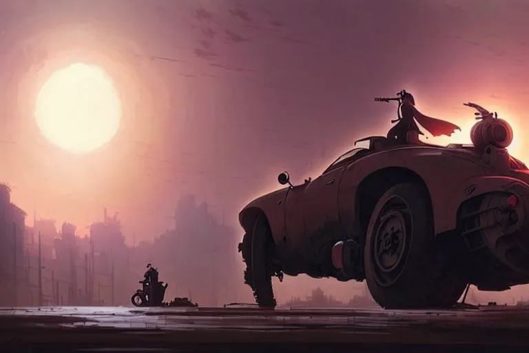 Image similar to dieselpunk post apocalyptic tvr cerbera : : speeding over the horizon : : painted by greg rutkowski makoto shinkai takashi takeuchi studio ghibli, akihiko yoshida