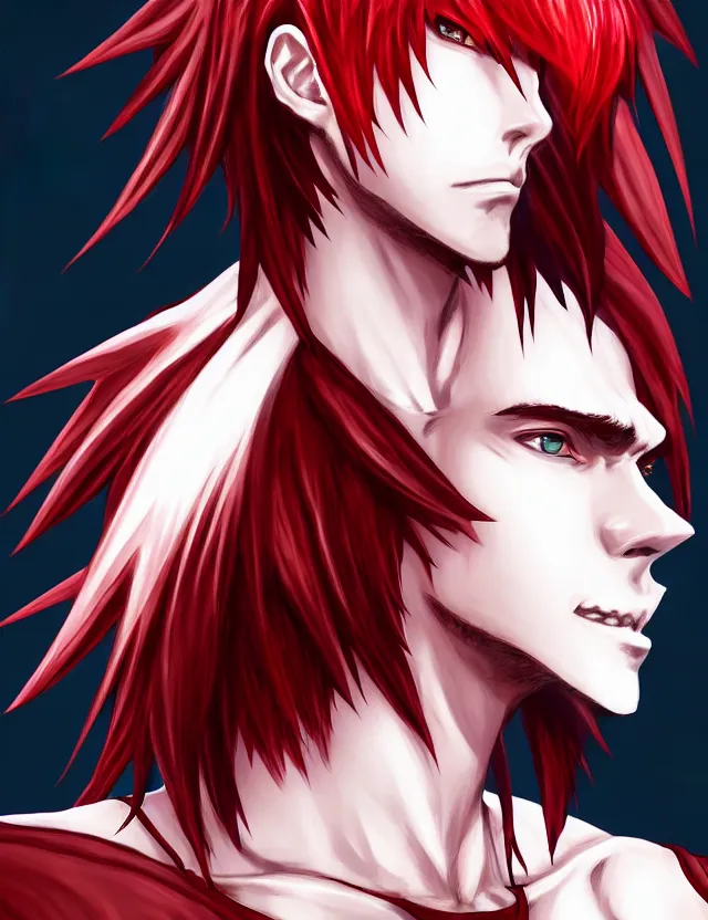Prompt: a detailed manga portrait of an attractive tall boy with spiked dark crimson hair in fiery crimson crystalline armour, trending on artstation, digital art, 4 k resolution, detailed, high quality, sharp focus, hq artwork, coherent, insane detail, character portrait