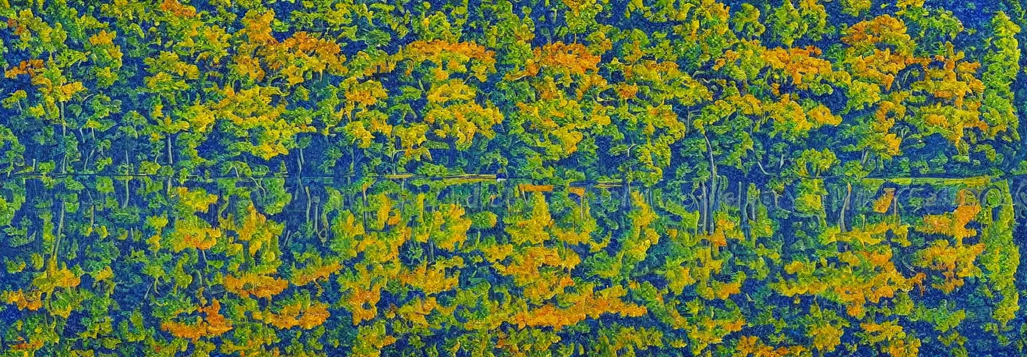 Image similar to escher painting of a lake, big trees reflecting on lake surface, ultra sharp, ultra detailed, colorized by salvador