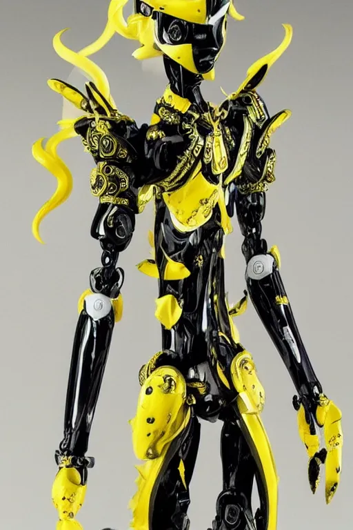 Prompt: a intricate anime figurine that looks like a white plastic anime robot with fluo colored details covered in yellow smoke, moody light, flemish painting