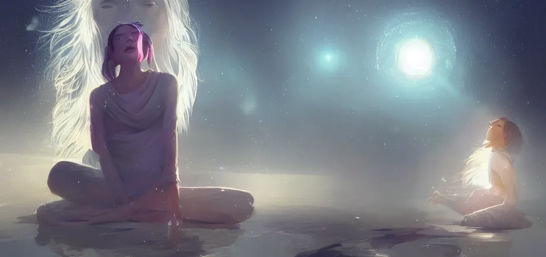 Image similar to Young Himalayan woman floating psychically amused as if discovering her powers for the first time | night time scene, plain walls |light hearted, white eyes, long messy hair | gentle lighting, futuristic, dim lighting, digital art by Makoto Shinkai ilya kuvshinov and Wojtek Fus, digital art, concept art,