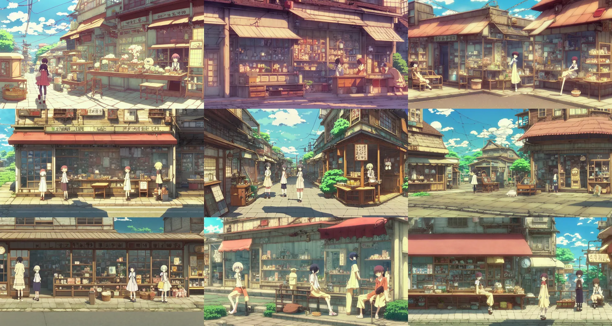 Prompt: beautiful slice of life anime scene of rural steampunk storefront, summer, relaxing, calm, cozy, peaceful, by mamoru hosoda, hayao miyazaki, makoto shinkai