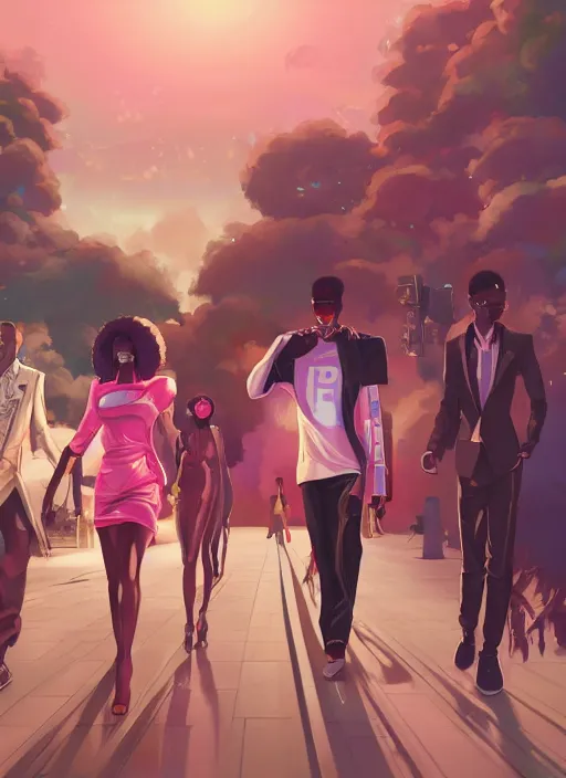 Image similar to afro - futurist hustlers, lavish lifestyle and money, expensive cars, fashionable, jacking the metaverse | hyperrealistic oil painting | by makoto shinkai, ilya kuvshinov, lois van baarle, rossdraws | afrofuturism, in the style of boondocks, trending on artstation | dark color scheme