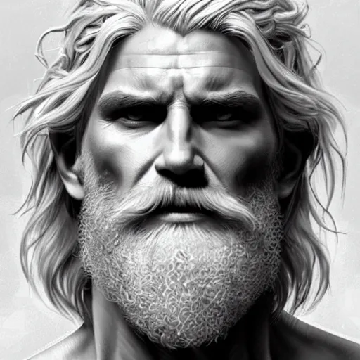 Image similar to portrait of rugged zeus, greek god, 4 0 years old, handsome, white hair, soft hair, upper body, muscular, hairy torso, fantasy, intricate, elegant, highly detailed, digital painting, artstation, concept art, smooth, sharp focus, illustration, art by artgerm and greg rutkowski and alphonse mucha