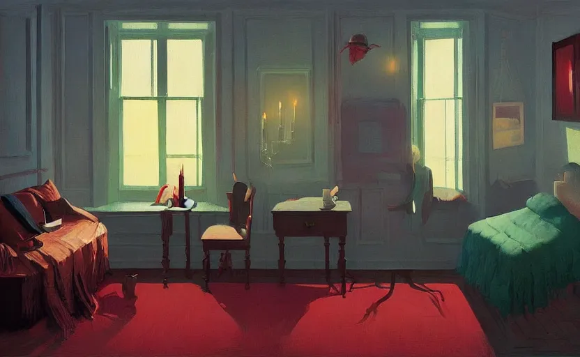 Prompt: Cozy victorian room apartment with candles, very coherent, painted by Francis Bacon and Edward Hopper, Wayne Barlowe, painted by James Gilleard, surrealism, airbrush, art by JamesJean