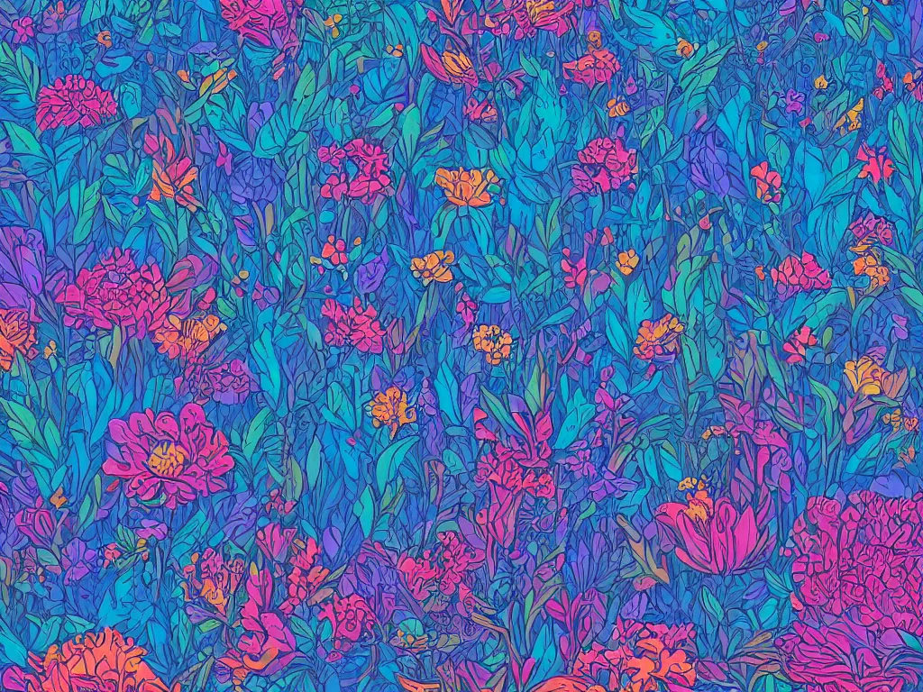 Image similar to forest with flowers blue, Digital Matte Illustration by Dan Mumford, lisa frank