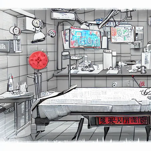 Image similar to chinese surgery operating table, in the style of daniel johnston and simon stålenhag and outsider art, 8k, line brush, overlaid with chinese adverts