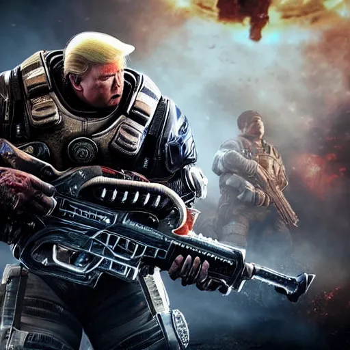 Prompt: Donald Trump in Gears of War, splash art, movie still, cinematic lighting, dramatic, octane render, long lens, shallow depth of field, bokeh, anamorphic lens flare, 8k, hyper detailed, 35mm film grain