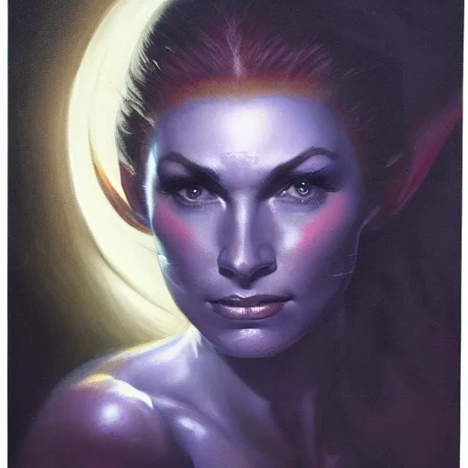 Image similar to ultra realistic medium shot head and shoulders masterpiece portrait painting of the moonbow queen, cosmic horror, artstation, art by frank frazetta, 4 k, ultra realistic, highly detailed, epic lighting