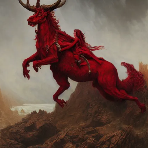 Image similar to a masterpiece! matte painting portrait of a scarlet - colored beast with seven ( 7 ) heads and ten ( 1 0 ) horns by gustave dore and stephen hickman and allen williams, trending on artstation, cgsociety, 8 k hd, earthtone colors, a cloaked woman riding the back of the beast