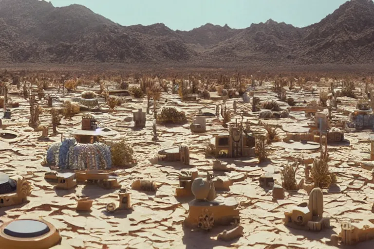 Image similar to desert oasis made of electronics, still from a kiyoshi kurosawa movie, sanriocore, full sun lighting,