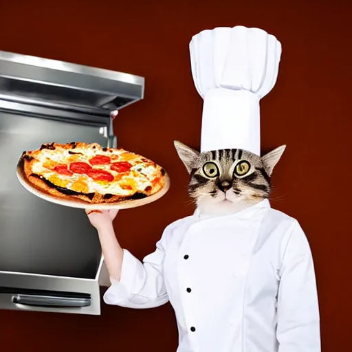 Image similar to studio photograph, a cat dressed as a chef taking a pizza out of an oven