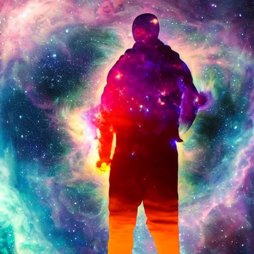 Image similar to modern double exposure monochrome spacesuit over a brilliant iridescent nebula. orange, pink, purple color ombre.