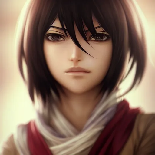 Image similar to mikasa ackerman, bokeh, beautiful face!!!!, 2 7 years old, cg animation, lifelike, animated, realistic, character select portrait, by artgerm, greg rutkowski, alphonse mucha, 3 d