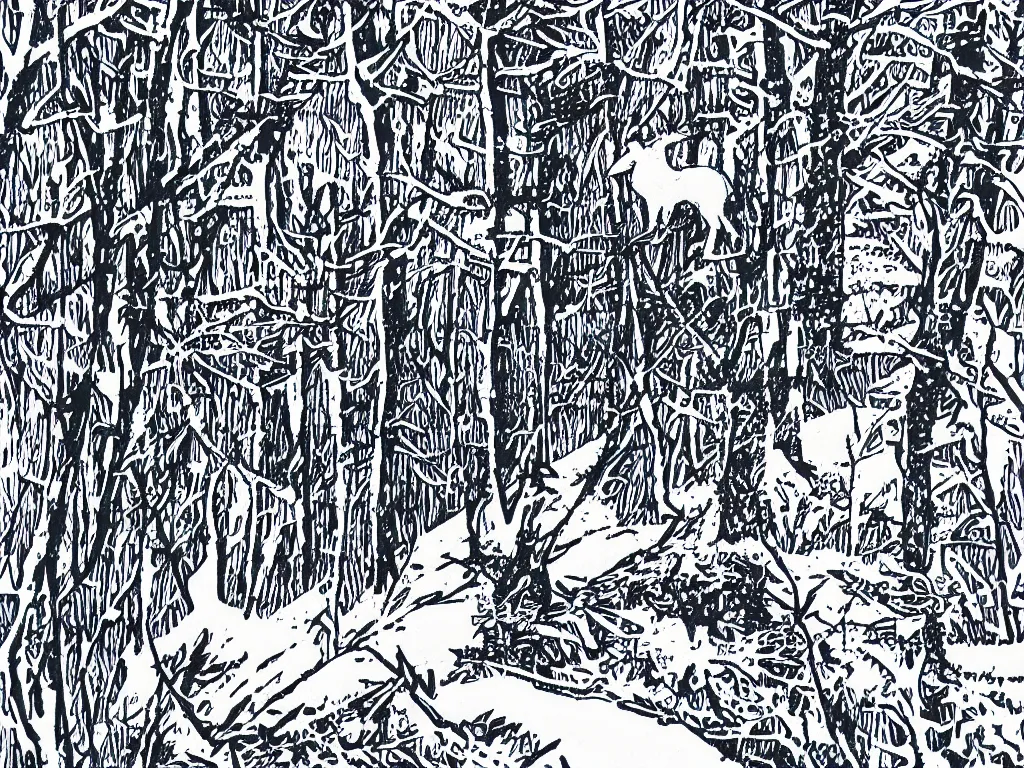 Prompt: lino cut of a red fox in the woods in winter