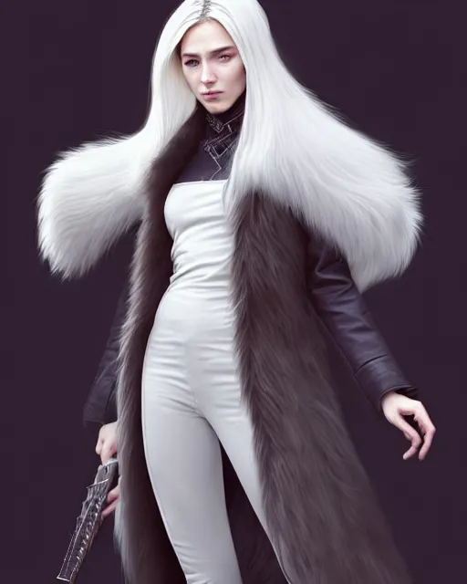 Image similar to dragon hunter wearing a fur - lined dragonhide jacket!!! beautiful and gorgeous elegant white long haired female!! symmetry, character concept art, sharp focus, illustration, art by artgerm! greg rutkowski magali villeneuve wlop! ilya kuvshinov!! charlie bowater! octane render, unreal engine 5! highly rendered!!