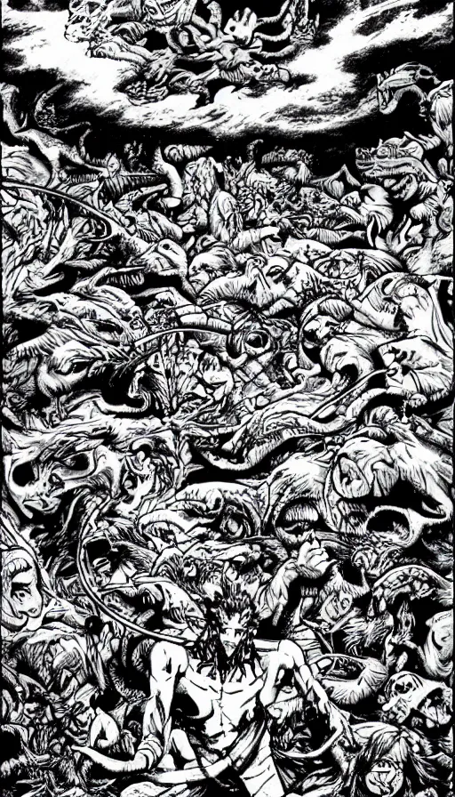 Prompt: man on boat crossing a body of water in hell with creatures in the water, sea of souls, by yoshihiro togashi