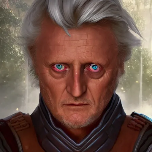 Prompt: rutger hauer as a fantasy rogue dressed as a knight, wide shot character portrait, symmetrical perfect face, porcelain skin, pink twintail hair and cyan eyes, ultra detailed, digital art, unreal engine 5, octane render, 2 d anime, 8 k