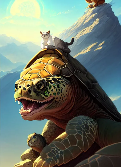Image similar to character portrait of The tallest mountain topped by a cat riding a gigantic turtle, with another cat riding a large turtle atop the mountain. By Greg Rutkowski. cute beautiful attractive detailed. Character design by charlie bowater, ross tran, artgerm, and makoto shinkai, detailed, inked, western comic book art