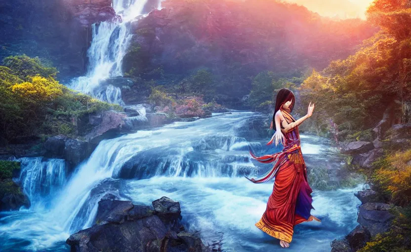 Prompt: Himalayan priestess dancing on water, beautiful flowing fabric, waterfalls, sunset, dramatic angle, 8k hdr pixiv dslr photo by Makoto Shinkai rossdraws and Wojtek Fus