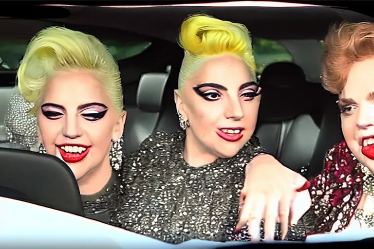 Image similar to carpool karaoke screenshot of lady gaga and judy garland, highly realistic, highly detailed, high resolution, 8 k 4 k,