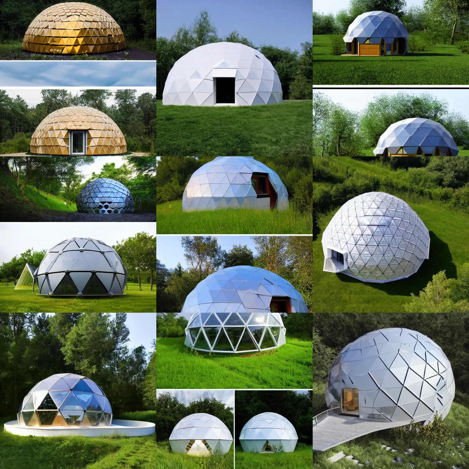 Prompt: geodesic dome house by Biodomes, Sustainable Dome House of the Future, Earth sheltered, ultimate sustainable passive eco homes of the future, timeless design, partially covered with grass, ultra modern passive eco-homes, integrated pool