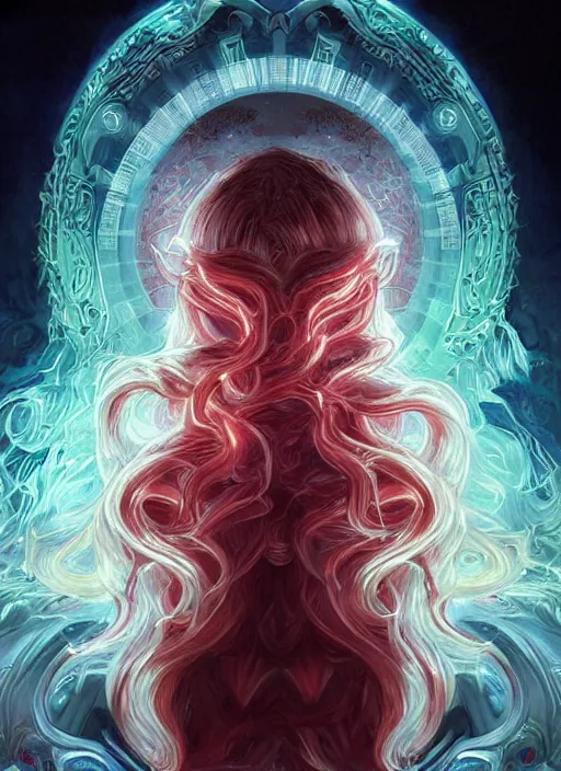 Image similar to cthonic resonance, red and white glowing fractals, genetically augmented pale white young man with long fluffy blond curly hair, fantasy, extremely detailed, digital painting, artstation, concept art, smooth, sharp focus, illustration, stunning lighting, art by artgerm and greg rutkowski and alphonse mucha and simon stalenhag, realistic character concept, high fantasy, dark atmosphere, golden ratio, cinematic lighting, hyperdetailed, high resolution, insanely detailed and intricate, artstation, Marc Simonetti, Greg Rutkowski, 8k