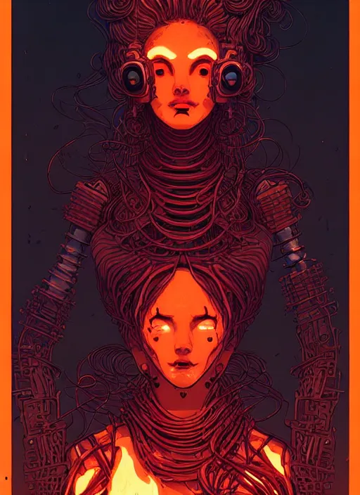 Image similar to highly detailed portrait of an android long curly fire hair tribal lady, stray wiring by atey ghailan, james gilleard, by joe fenton, by greg rutkowski, by greg tocchini, by kaethe butcher, 4 k resolution, gradient red, orange, black and white color scheme!!! ( ( burning flaming robotic dystopian city background ) )