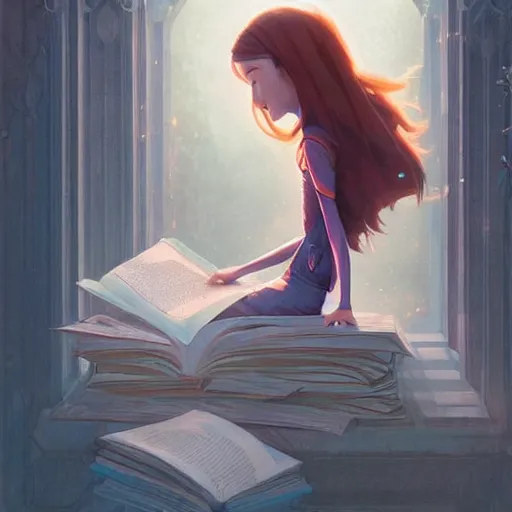 Image similar to a pixar girl reading a book, long hair flowing down, symmetrical, style of by Jordan Grimmer and greg rutkowski, crisp lines and color,