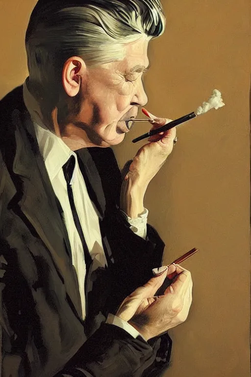 Image similar to david lynch smoking, painting by jc leyendecker!!, angular, brush strokes, painterly, vintage, crisp