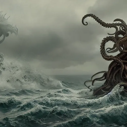 Prompt: a kraken rising out of a stormy sea, au naturel, hyper detailed, digital art, trending in artstation, cinematic lighting, studio quality, smooth render, unreal engine 5 rendered, octane rendered, art style by klimt and nixeu and ian sprigger and wlop and krenz cushart