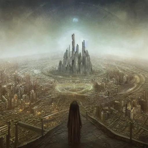 Prompt: distopian city by esao andrews, dark scifi, futuristic distopia by stanslav lem, distopia megaliths, journey across the urban district, neverland and the gateway between dreams by beksinski, ultra hd rendered, ultra realsim