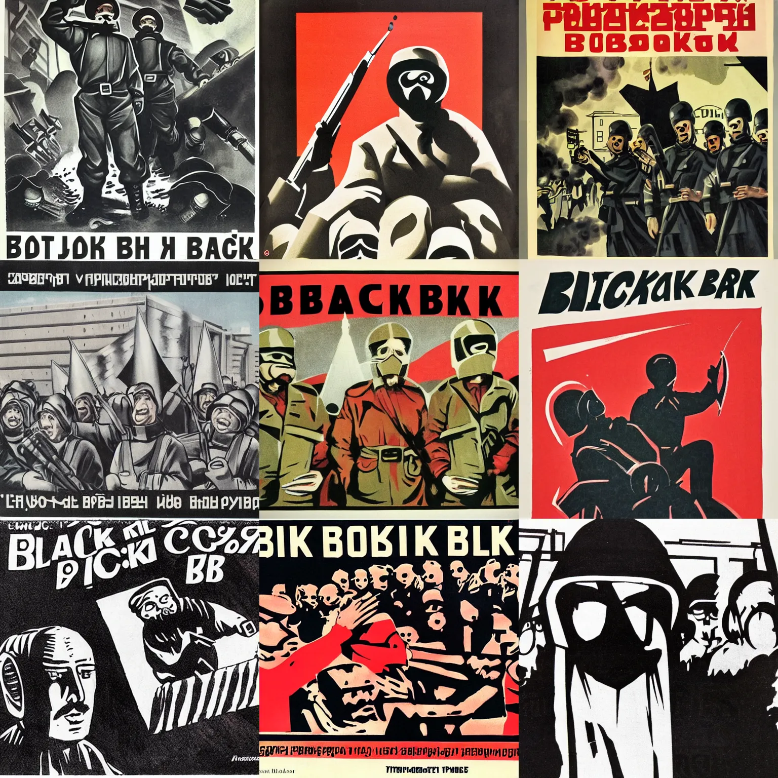 Prompt: soviet propaganda for black bloc